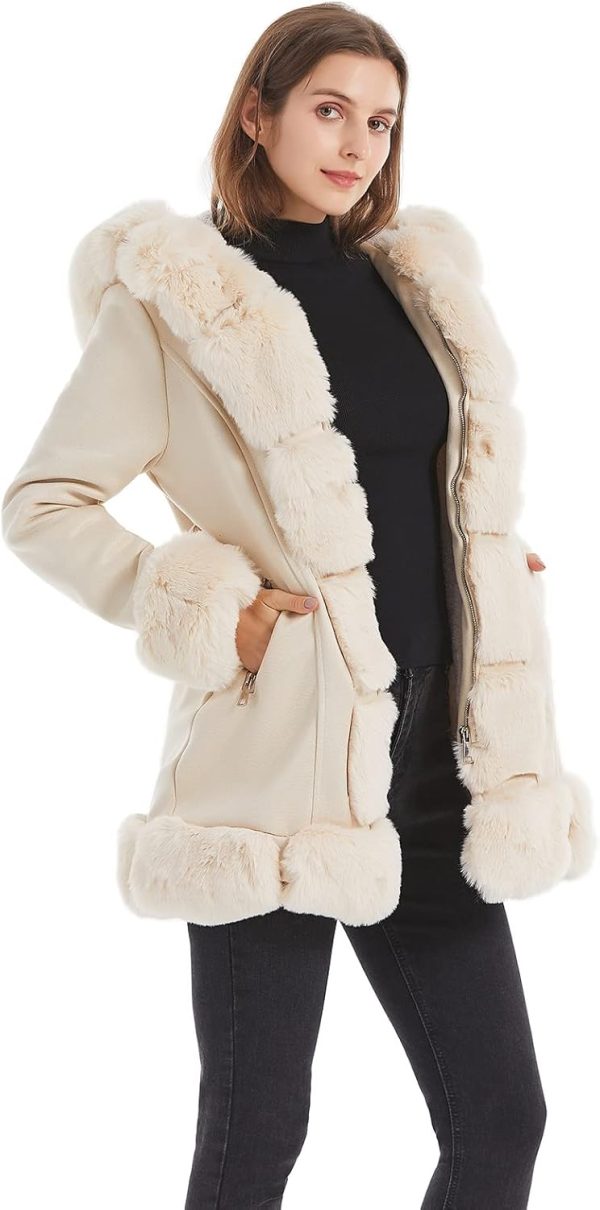 GRAN ORIENTE Women's Faux Leather Jacket with Faux Fur Collar, Winter Long Sleeve Furry Trim Peplum Parka Coat with Belt