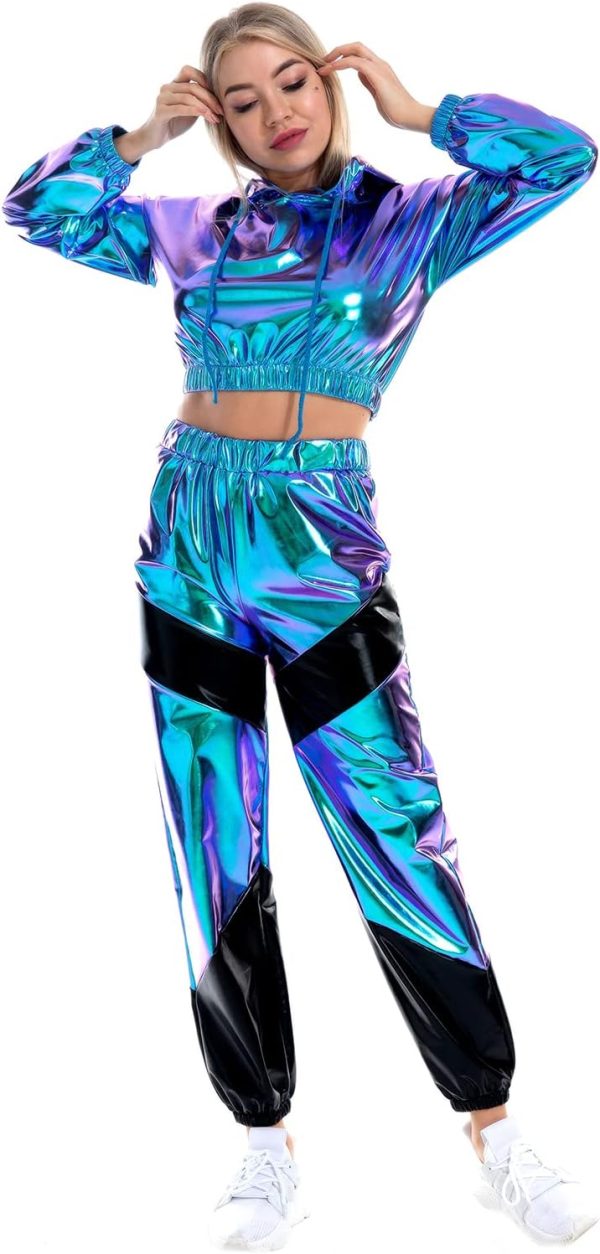 ABAFIP Women Shiny Hologram Rave Outfits set Drawstring Long Sleeve Hoodie Crop Top Metallic Long Pants Dance Wear