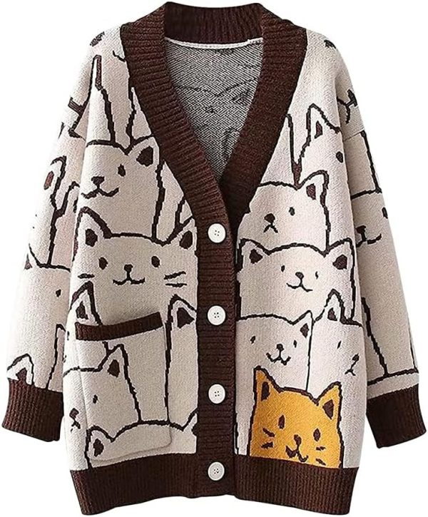 Arssm Cat Sweater for Women Oversized Button Down V Neck Cable Knit Sweater Cute Kawaii Cartoon Cardigan Coat