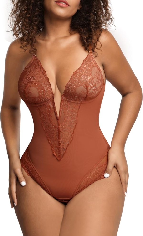 Popilush Lace Shapewear Bodysuit Tummy Control Corset Tops V Neck Sleeveless Backless Body Suit Thongs