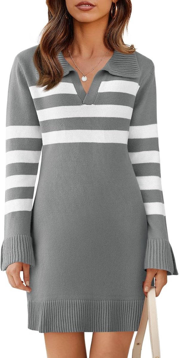 Saodimallsu Womens Striped Sweater Dress V Neck Collared Long Sleeve Slim Fit Ribbed Knit Trendy Mini Dresses