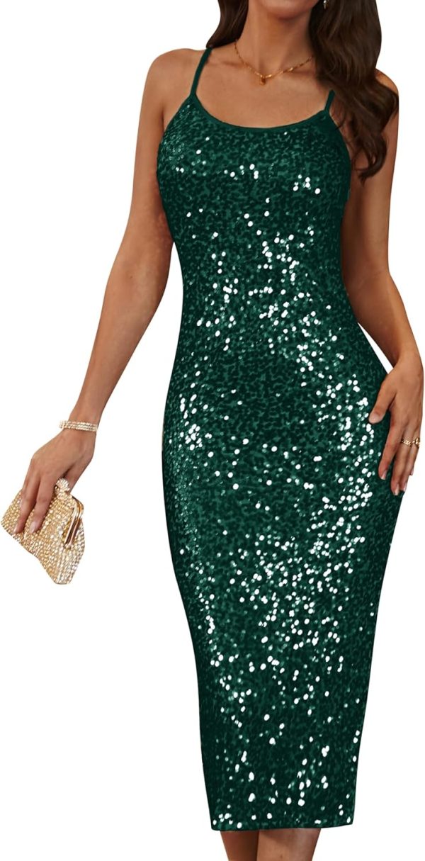 GRACE KARIN Womens Sequin Sparkly Dresses Formal Spaghetti Strap Midi Bodycon Dress Glitter Backless Wedding Cami Dress Slit