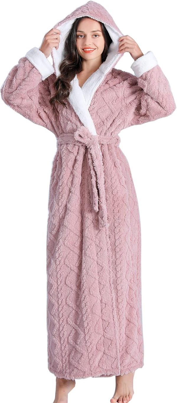 Dowesrobe Women's fluffy hooded plush bathrobe Winter warm and soft ladies long bathrobe