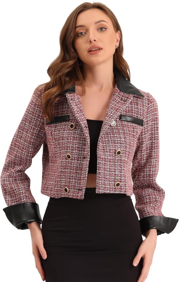 Allegra K Tweed Plaid Blazer for Women's Contrast Collar Double Breasted Vintage Cropped Jackets