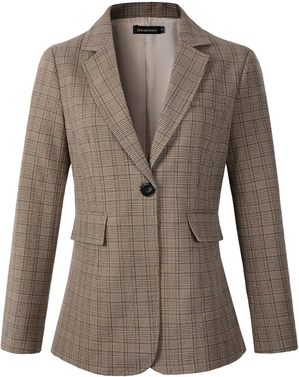 Beninos Womens Casual Blazers One Button Plaid Blazer Jacket